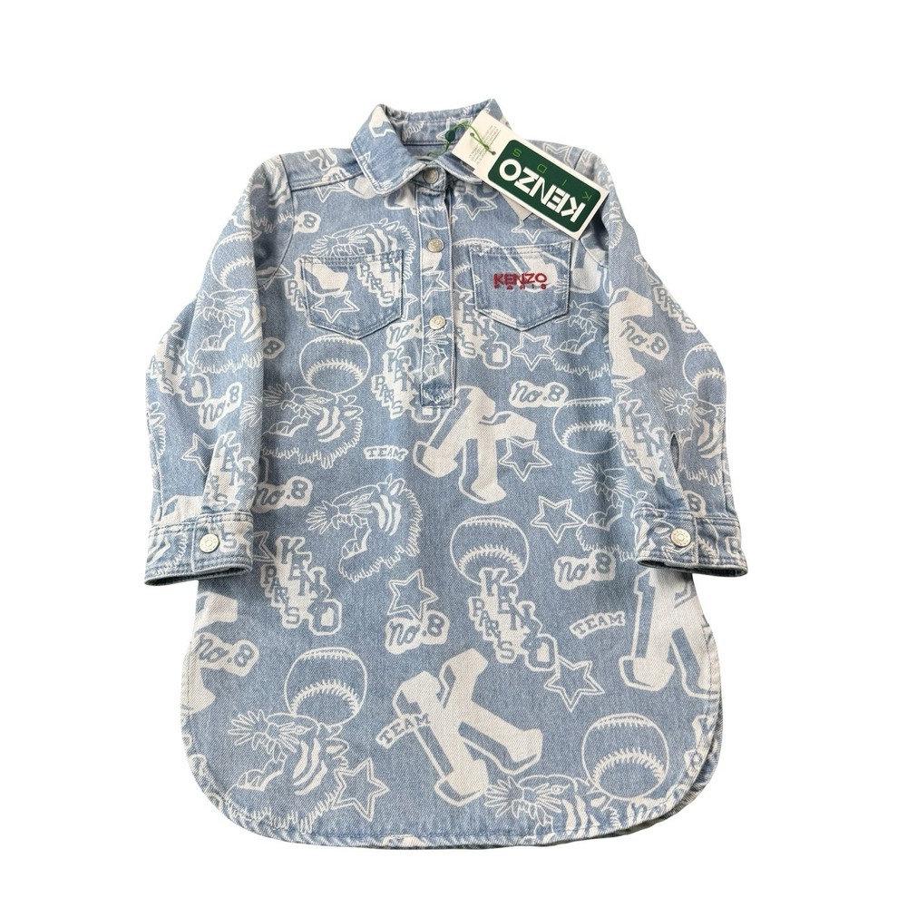 Kenzo Kids Blue AOP Denim Girls Metal Button Shirt Dress K12323 Size 5Y NWT